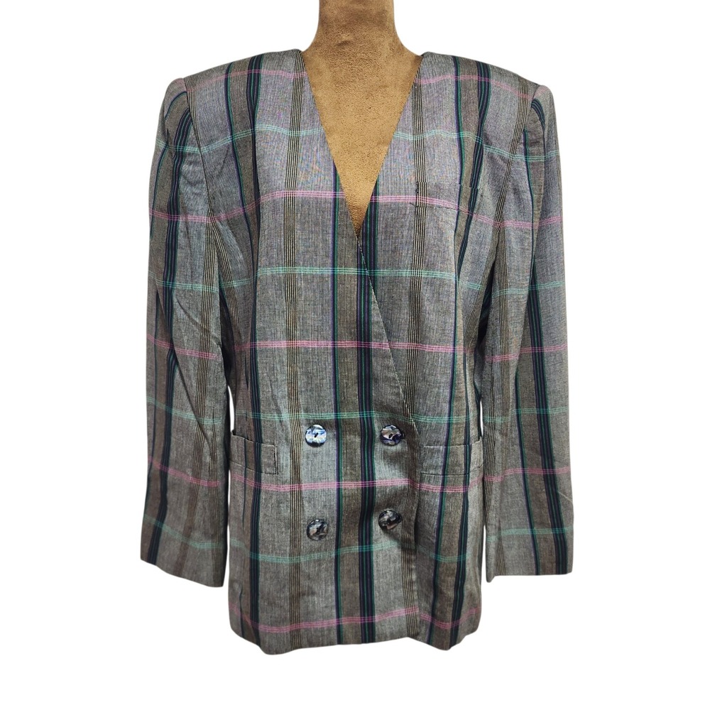 Brystelle International Vintage Plaid Power Blazer Grey Pink Teal 80s Structured